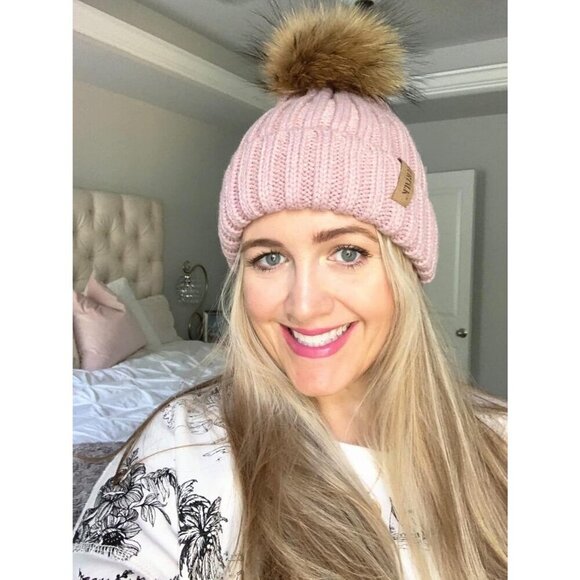 Women\'s Pink Winter Beanie Hat Satin Lined Faux Fur Pom Pom Beanies Hat main image 5